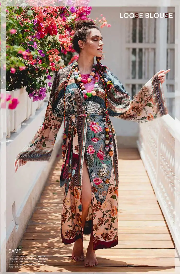 Супер шикарное Макси кимоно с цветочным принтом и v образным вырезом длинное