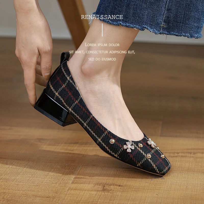 

Costume Tweed Slip-On Women Shoes Spring/Autumn Pearl Metal Decoration Shallow Pump Square Toe Thick Heel Shoes Women Size 34-40