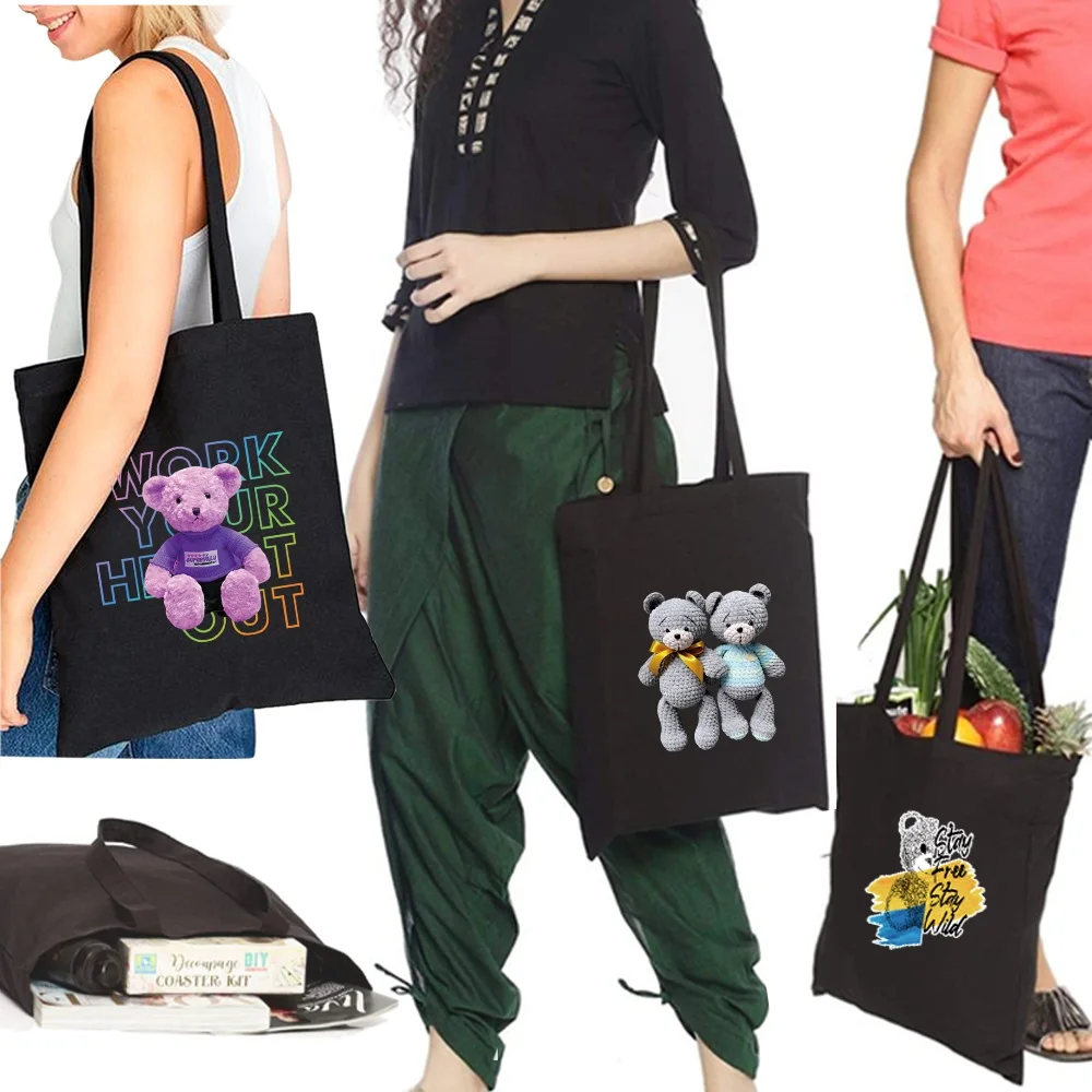 

Shopping Bag Cute Bear Pattern Tote Bags Large Capacity Women Travel Canvas Bags College Handbag High Quality Shopper Bags