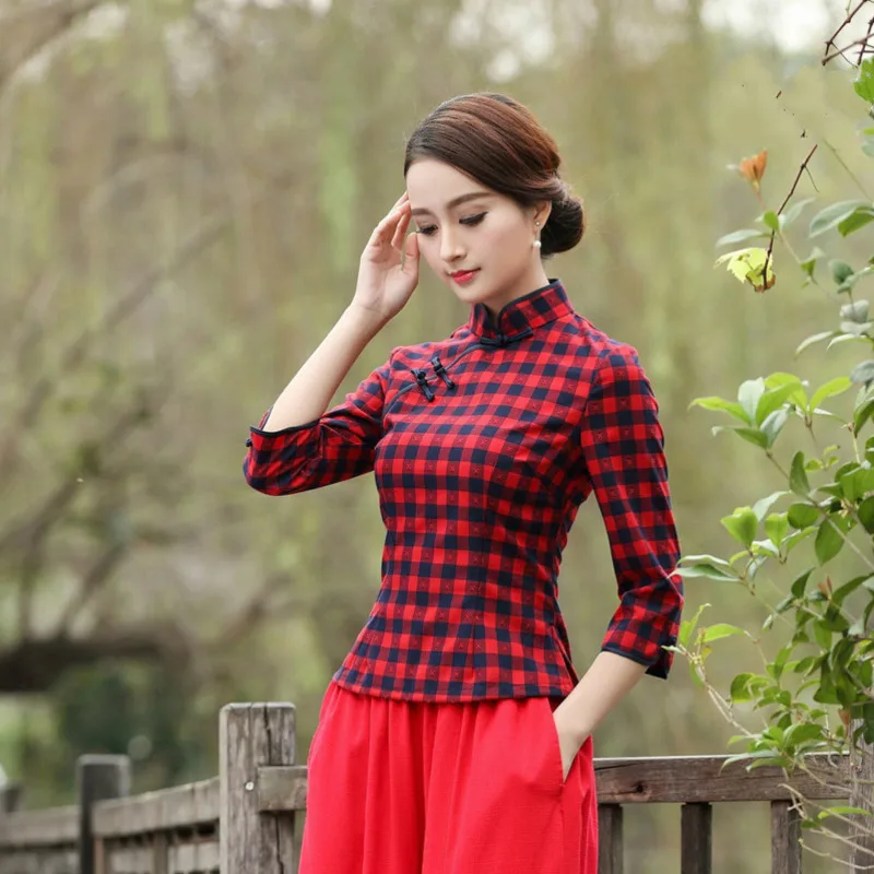 Красно черная клетчатая блузка хлопковая рубашка в китайском стиле Женский