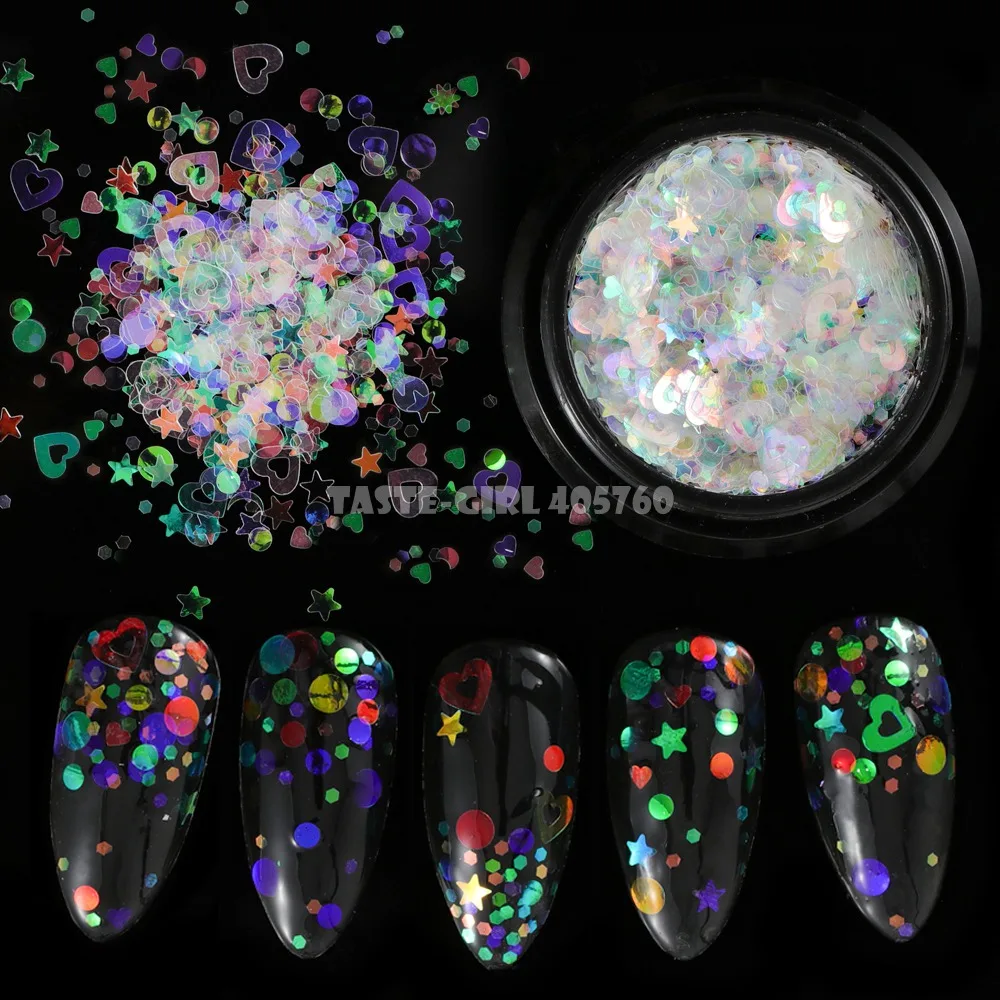 1 горшок Микс звезды сердце круглые Блестки для ногтей AB красочные акриловые
