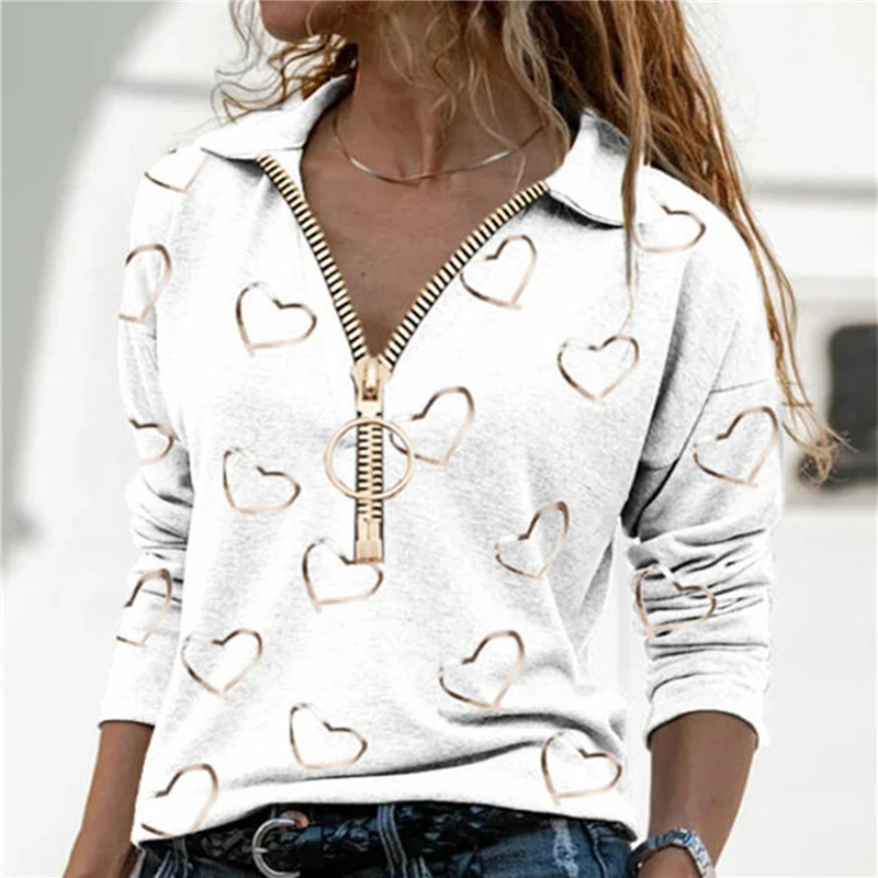 

2021 Autumn Spring Women Heart Print Blouses Casual Zipper V Neck Shirt Cotton Long Sleeve Top Elegant Ladies Shirt Streetwear