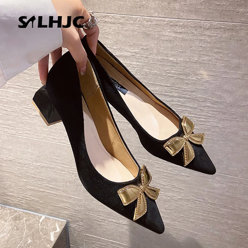 

SLHJC New Fashion Chunky Heels Shoes Metal Bowknot Decoration Pumps Ladies Office Work Shoes Elegance