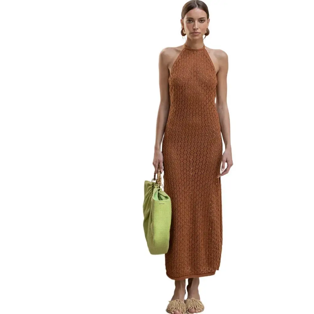 

Zoulv 2021 Knit Suspender Dress Halter Neck Lace French Long Skirt Sleeveless Translucent Sexy Split Light Luxury Party Dress