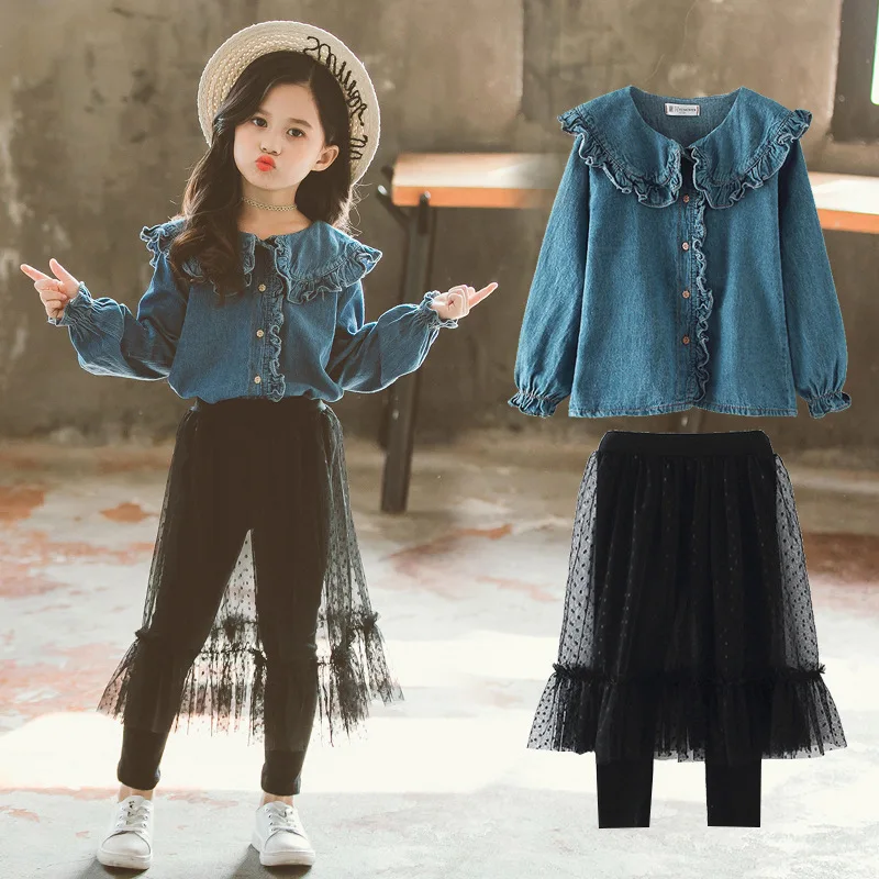 

Spring Autumn Warm Girls Suit Jeans Coat + Culottes 2Pcs/Sets Teenage Children's School Clothing Kids Party High Quality 2021