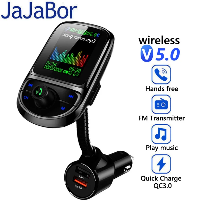 

JaJaBor FM Transmitter Bluetooth 5.0 Car Kit Handsfree AUX Audio Receiver QC3.0 Quick Charge Support U Disk TF Card Playback