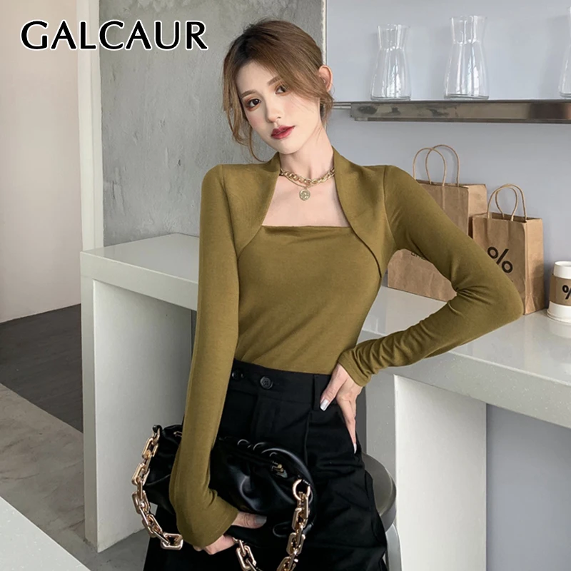 

GALCAUR Solid Korean Fashion Sweater For Women Square Collar Long Sleeve Slim Minimalist Knitting Pullovers Female Clothing New