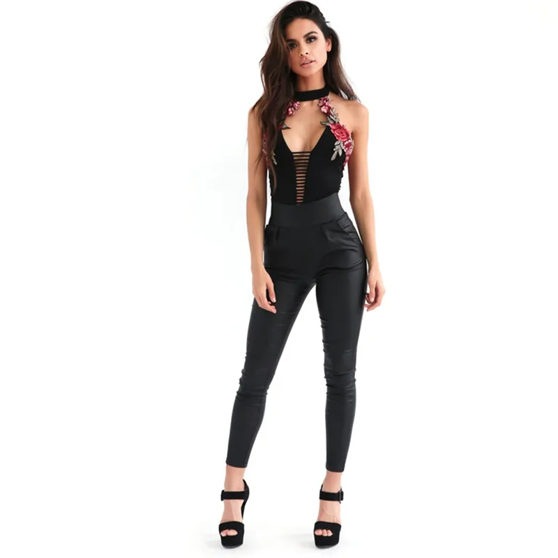 

Fashion Women Sleeveless Deep V-Neck Backless Floral Halter Bodysuit Leotard Bandage Flower Jumpsuit Romper Tops Vintage Custume