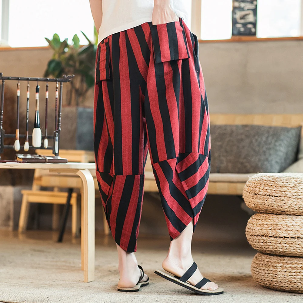 Новые летние мужские льняные хлопковые широкие брюки в китайском стиле MensJogger