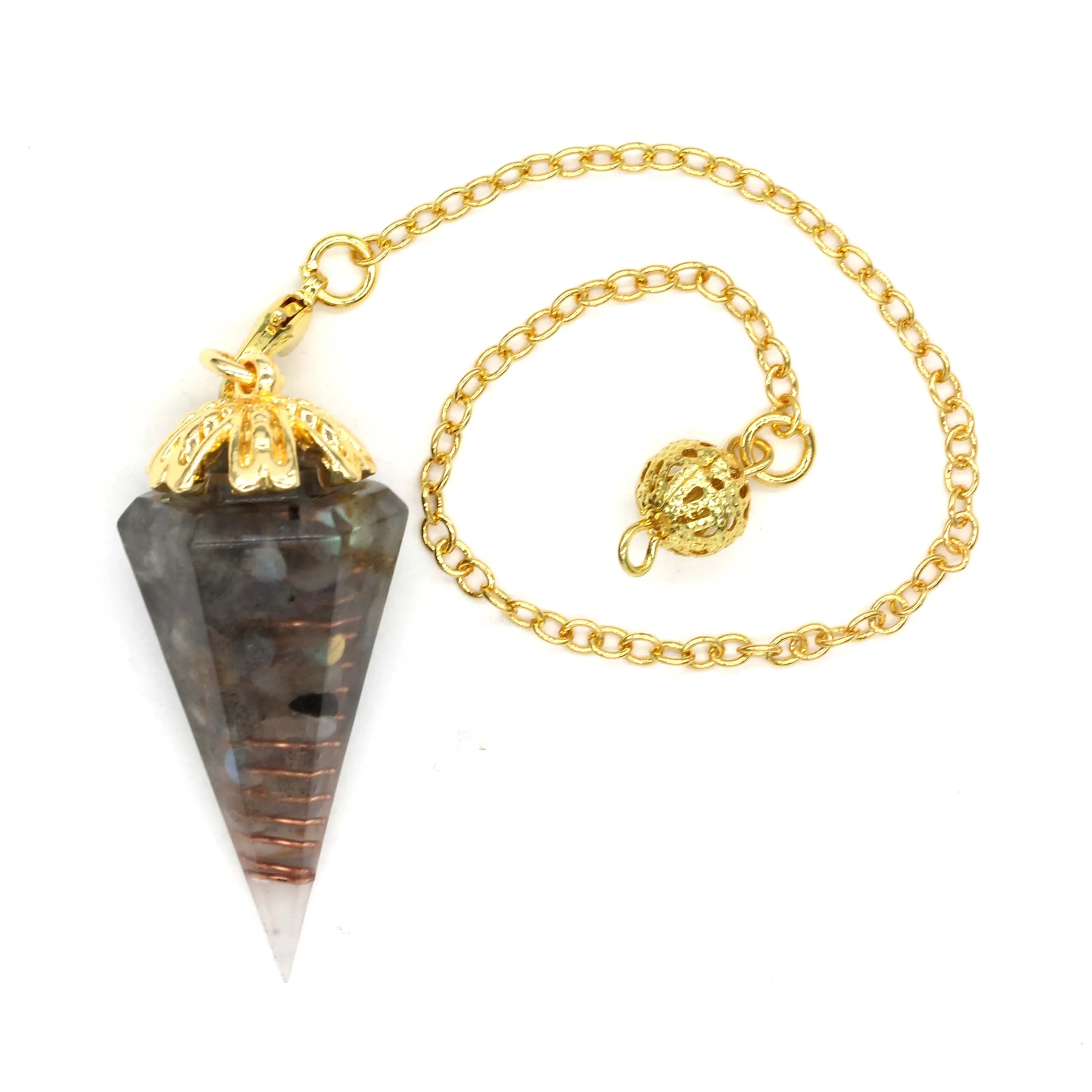 

100-Unique 1 Pcs Light Yellow Gold Color Hexagon Pyramid Labradorite Stone and Resin Pendant Pendulum Orgonite Jewelry