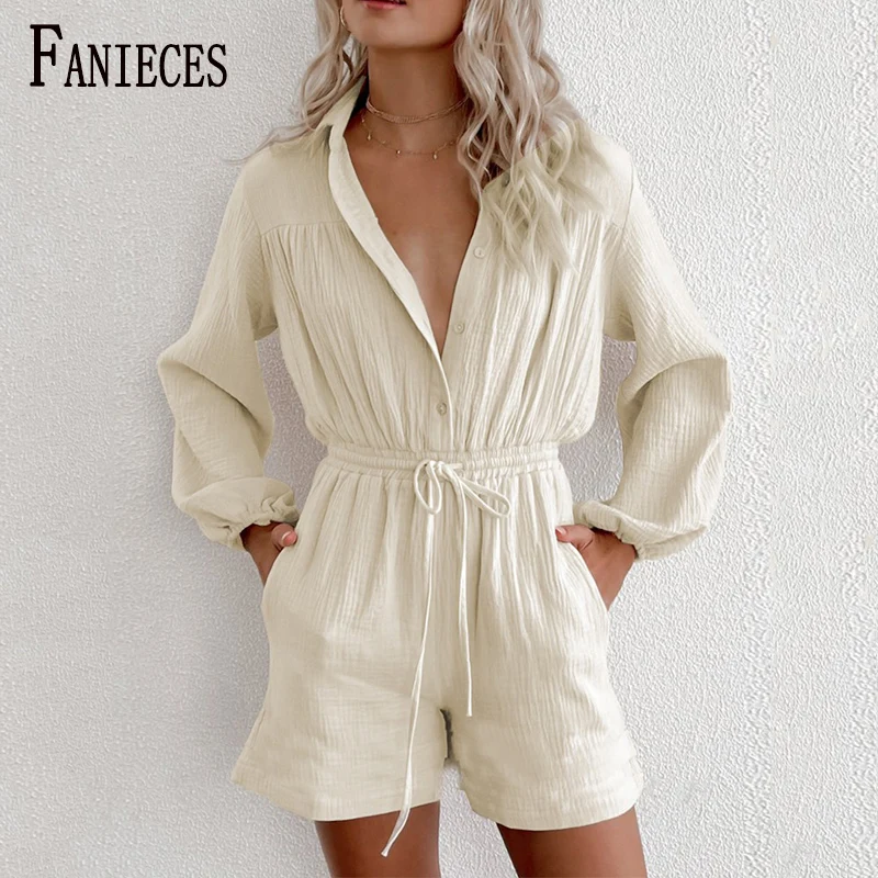 

Летний однотонный короткий комбинезон FANIECES, женская рубашка на завязках с карманами и отложным воротником и длинным рукавом, короткий женс...