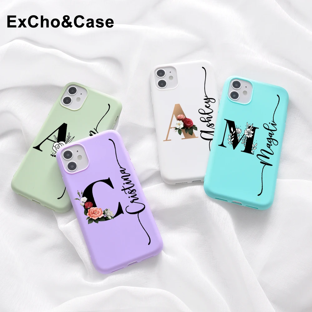 

2021 New Custom Name Phone Case For iphone 11 12 Pro Max X XS XR 7 8 Plus Alphabet Flower Candy Colors Silicone Cover Girl Gift