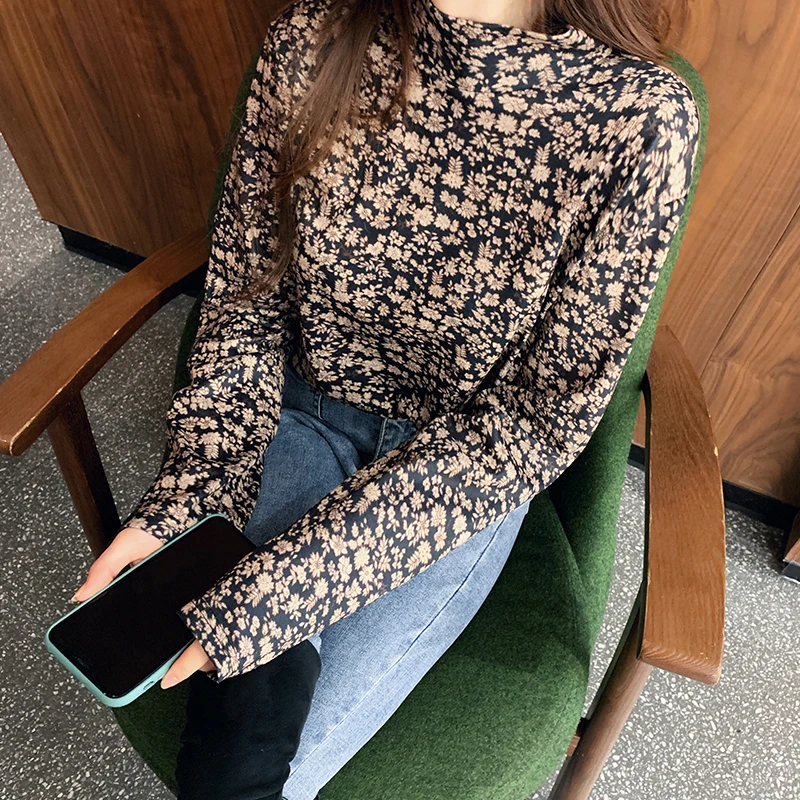 

Women Turtleneck Elegant New Print T Shirts Office Lady Spring Casual Long Sleeve Tops 2021 New Women Clothing