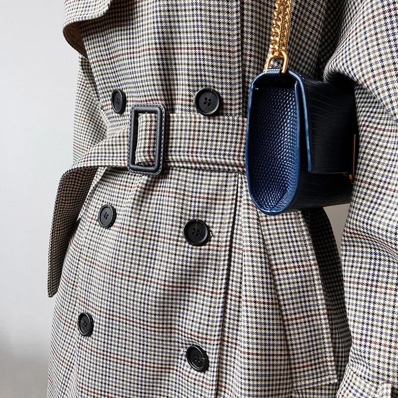 

spring women's casual plaid double-breasted belt decoration long windbreaker coat