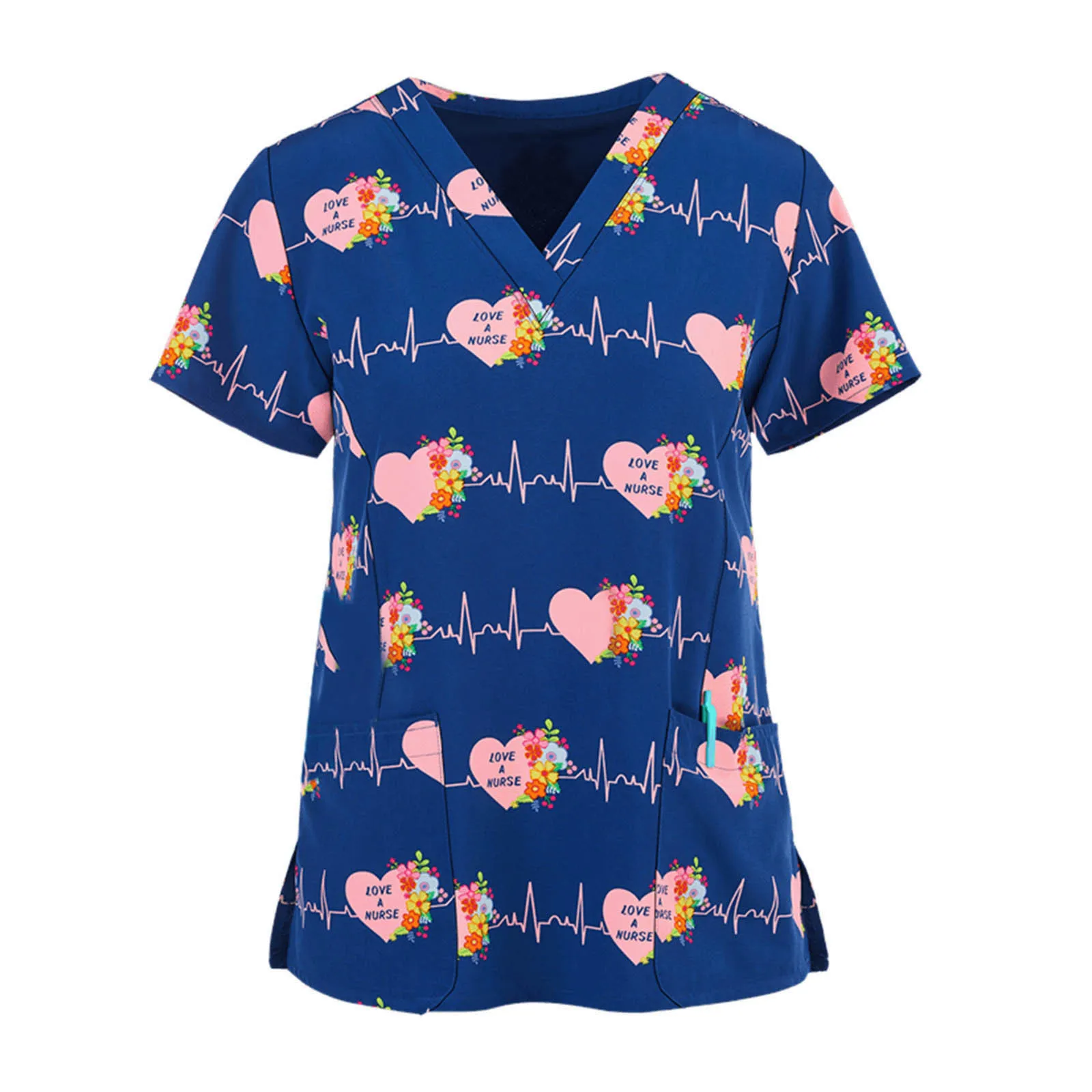 

Lip Heart Print Nurse Uniform Women Short Sleeve V-neck Scrub Tops Working Blouse Blouse Top Selling Carer Uniform Tunic A50