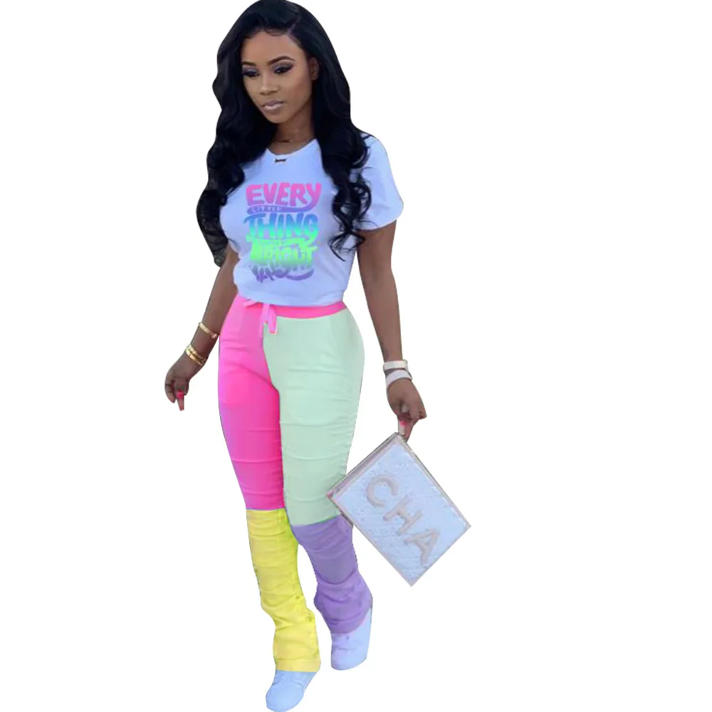 

Summer Color Blocks Letter Print Two Piece Set for Women O Neck Short Sleeve Tee Top Drawstring Slim Fit Long Trousers Plus Size