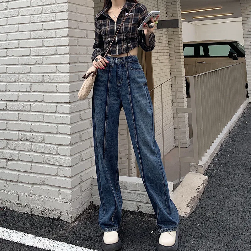 

2021 new American-style ruffian pants loose retro raw edge segmentation stitching design straight-leg jeans