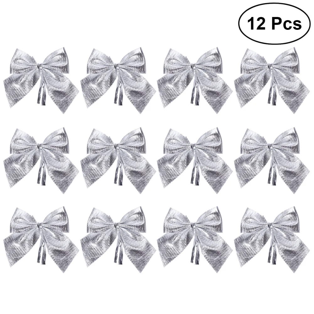 

12pcs Glitter Bowknots Christmas Tree Ornaments Pendant Xmas Hanging Decor Adornments Holiday Home Party Supplies (Silver)