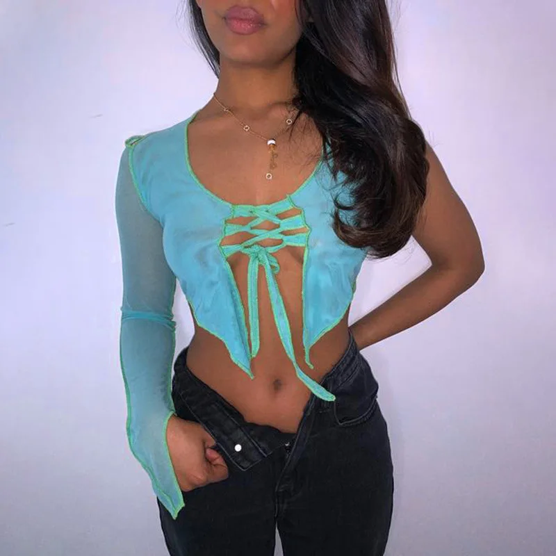 

Casaul Women Shirt Bandage One Shoulder Full Sleeve Solid Color Sheer Mesh Crop Top For Women Outfit