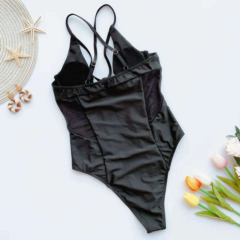 Женский прозрачный купальный костюм черный сетчатый с высоким вырезом 2022 | Спорт