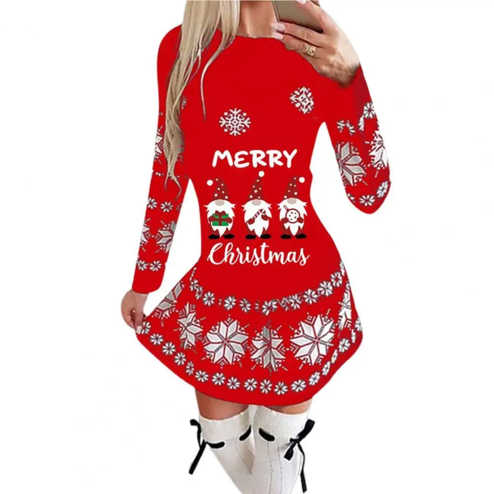 

O-Neck Long Sleeve Festive Party Dress Christmas Gnome Elk Print Mini Dress Women Streetwear for New Year