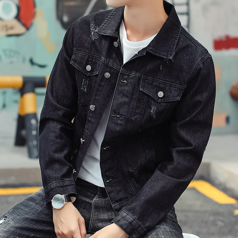 Мужская джинсовая куртка приталенная черная большого размера Осень-зима E-BAIHUI |