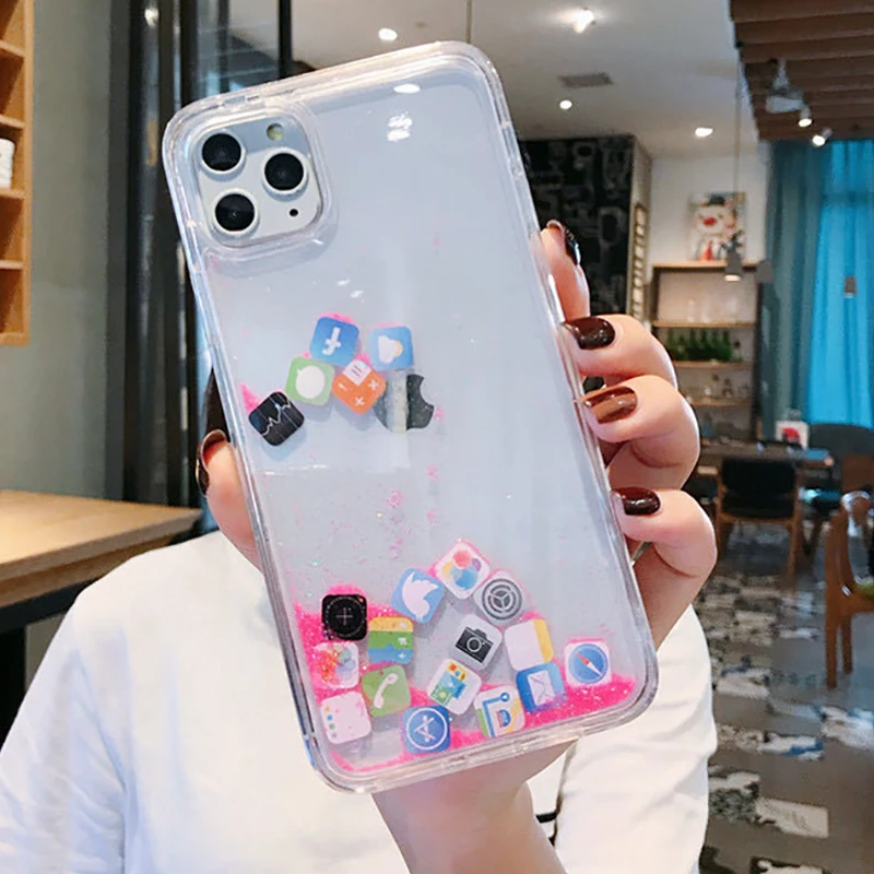 

Dynamic Quicksand Cover for Iphone 12 11 Pro Max Liquid Hard Phone Shell for Iphone 6 6S 7 8 Plus X XR XS Cute Apps Icon Case