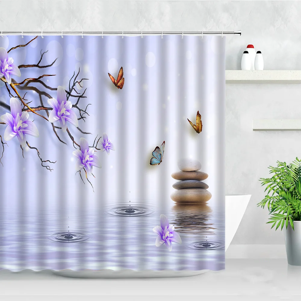 Mor çiçek duş perde seti kelebek çiçek Zen taş peyzaj Modern ev banyo dekor su geçirmez kumaş banyo perdeleri