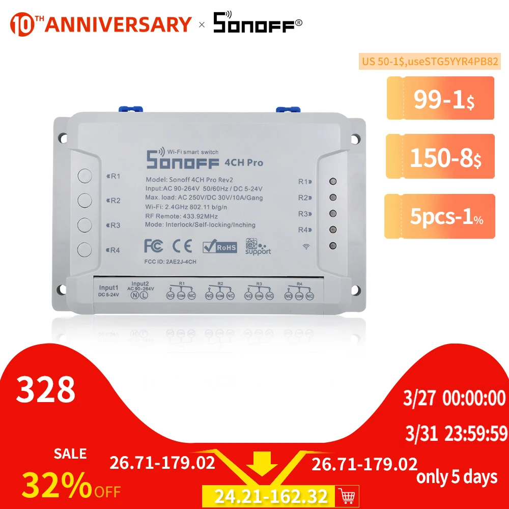 

Itead Sonoff 4CH Pro R2 433mhz 4 Channels Gang RF Wireless Remote Wifi Smart Switch Inching Interlock Relay Alexa Google Home