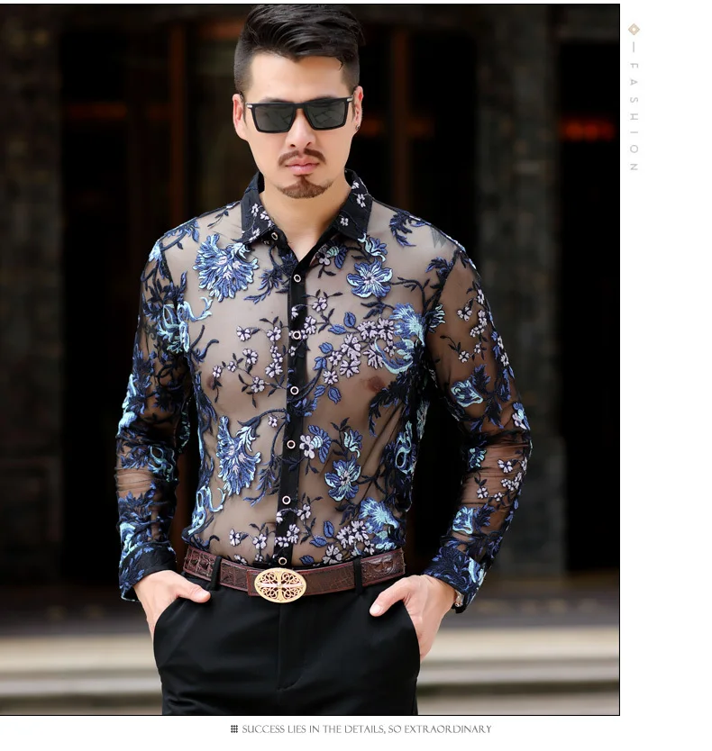 Chemise Hommesexy прозрачная Мужская рубашка из сетчатой ткани 4xl, роскошные Прозрачные рубашки для мужчин, вечерние рубашки с длинными рукавами и вышивкой