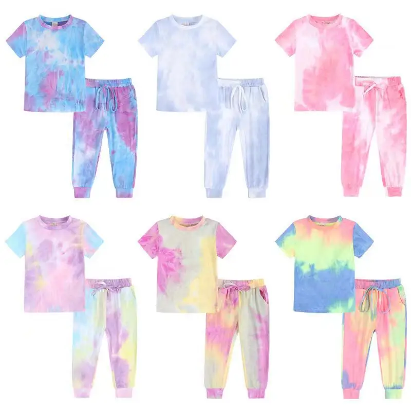 

2021 Kids Tales Summer Spring Baby Boys Girls Tie Dye Lounge Set Children Fashion Tracksuit 2pcs Short Sleeve Shirt+Pants