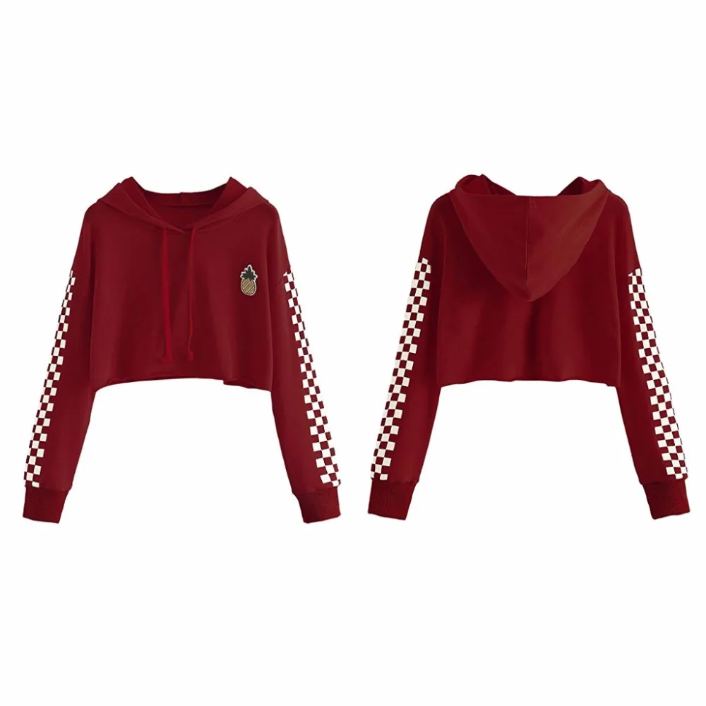 Женская укороченная Толстовка с вышивкой ананаса клетчатый пуловер капюшоном в