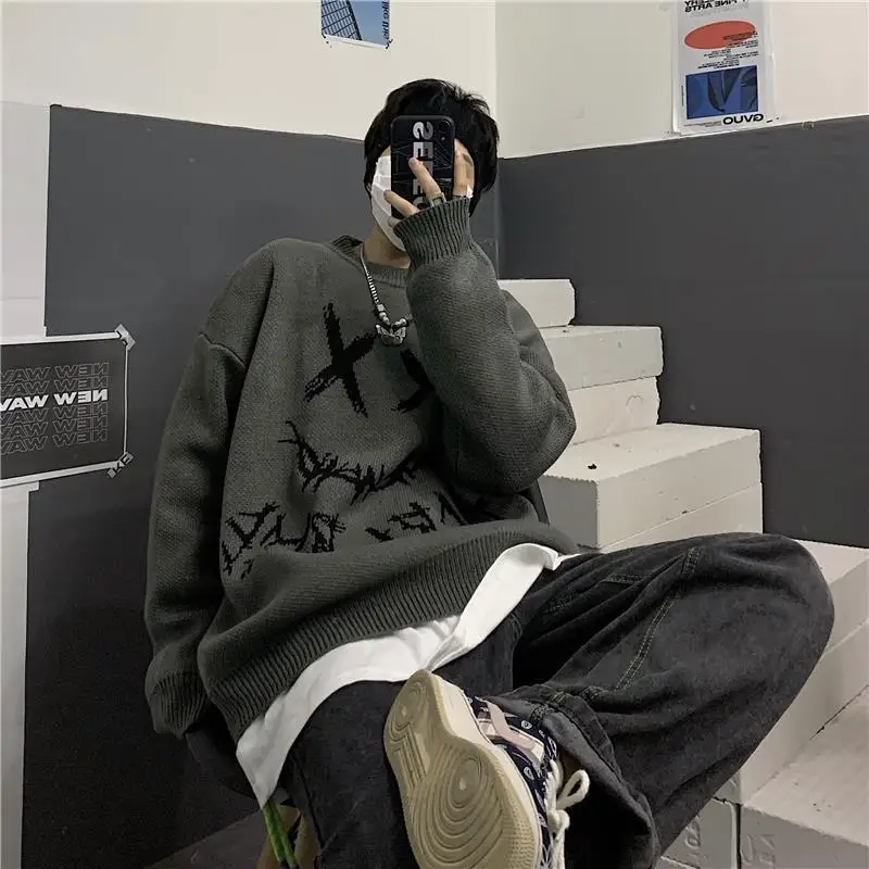 

Winter Knitwear Cartoon Horror Graphic T-shirt Women Character Print Loose Japanese Sweater Pullover Top Harajuku Street Tees