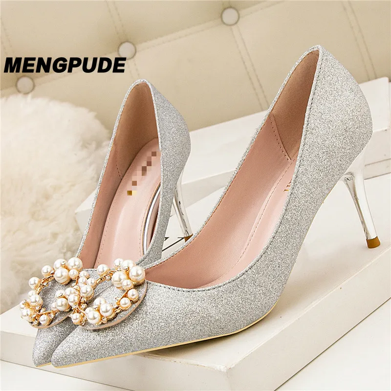 

MPD Women's Fashion Pearl Decorative Sequined Cloth Element Pointy Shallow Shoes Joker Elegant Banquet High Heels Womens Shoes