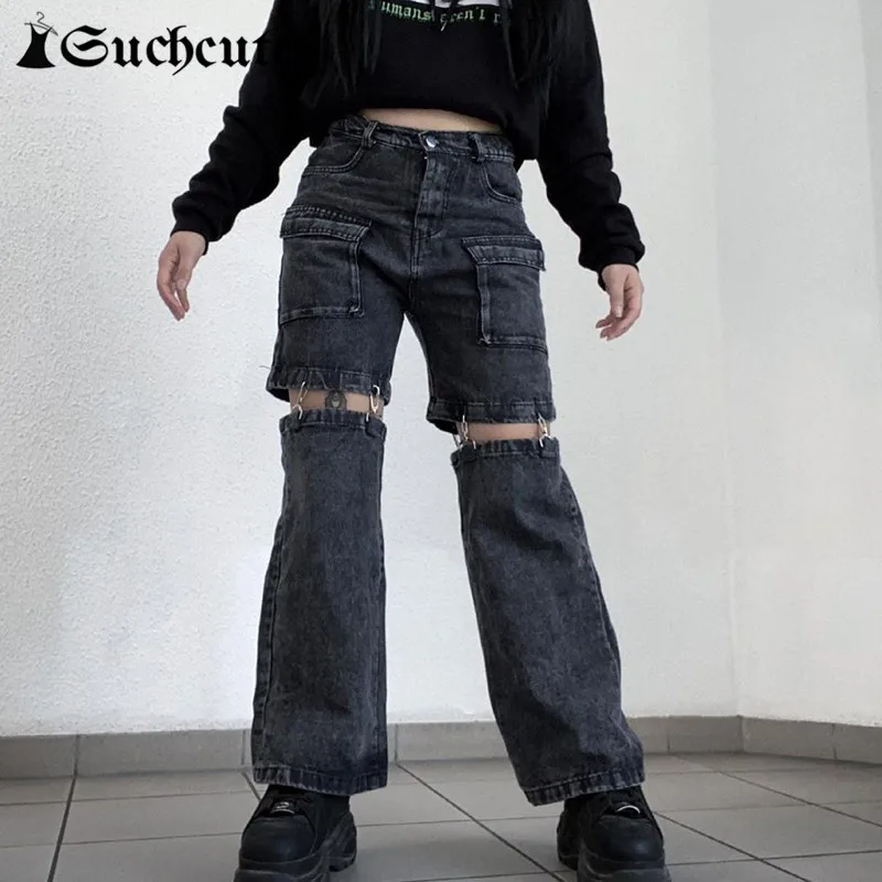 

SUCHCUTE Patchwork Pocket Baggy Jeans Gothic Streetwear Hight Waist Punk Denim Trousers Aesthetic Casual Women Black Pants 90s