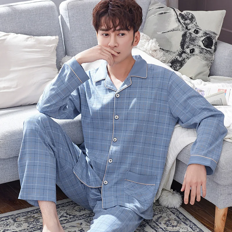 Plaid Cotton Pajamas for Men Long Sleeves Winter Pijama Hombre Button-Down Sleepwear PJ Cotton Nightwear Pyjama Homme Plus Size