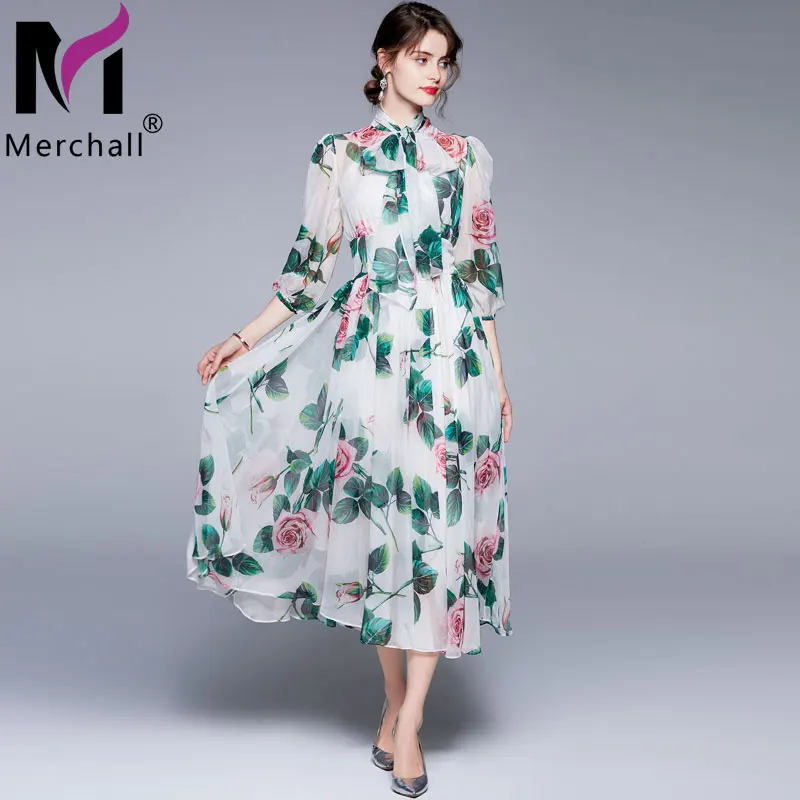 

Merchall 2021 New Summer Runway Elegant Maxi Dress Women Half Sleeve Rose Floral Print Chiffon Holiday Beach Long Dress M78673