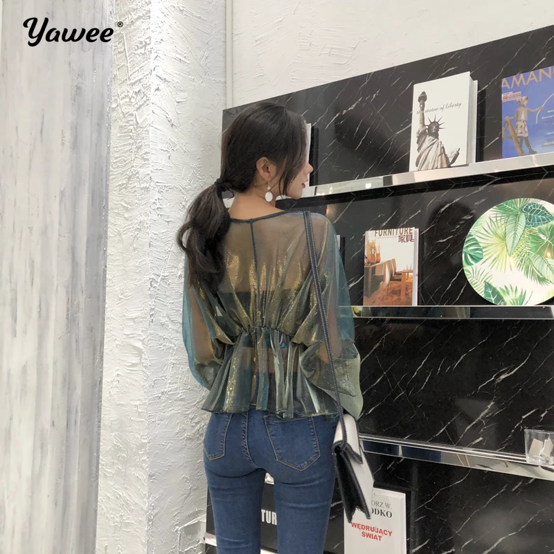 

Yawee Ladies Thin Sexy V-Neck Tops Perspective Clothes Women Summer Sunscreen Mesh Blouse Long Sleeve Bright Silk Blouses