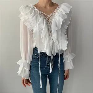 Женская Повседневная рубашка с рюшами Alien Kitty, универсальная свободная офисная рубашка с v-образным вырезом и расклешенными рукавами, осень