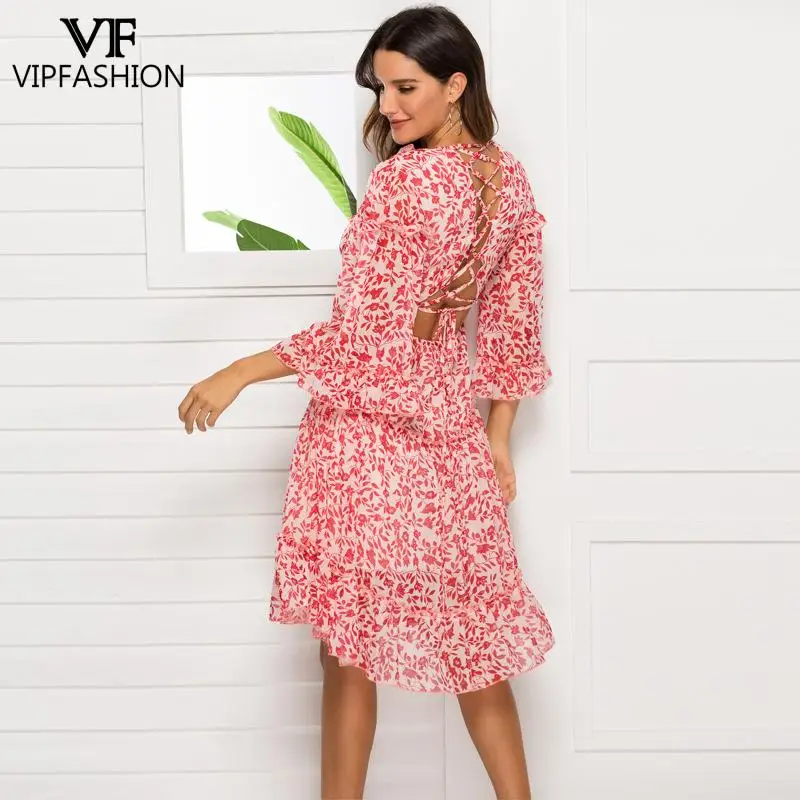 

VIP FASHION Tie-Dye Printed Chiffon Dress Tight Sexy Backless Women Clothes Ruffled Flared Sleeve Dress V-Neck Casual Mini Dress