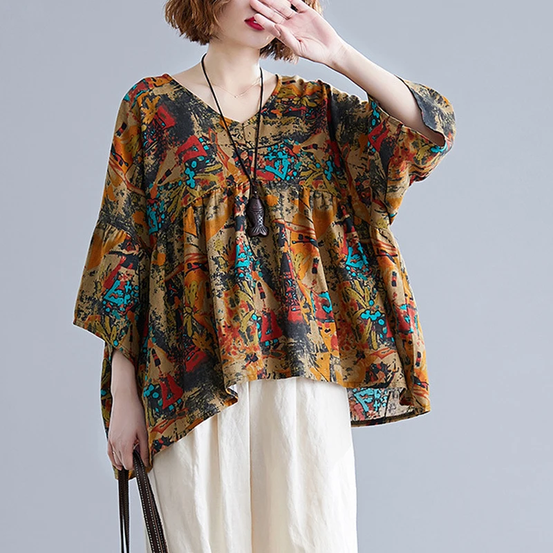Johnature/Корейская свободная Удобная рубашка с v-образным вырезом и цветочным