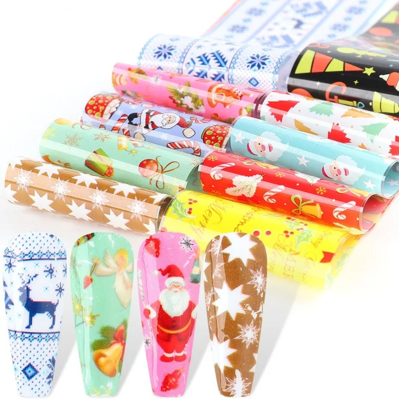 

2021 New Nail Art Transfer Paper Christmas Series Suit Nail Art Decorations Stickers Colorful Santa Claus Snowflakes Laser 10pcs