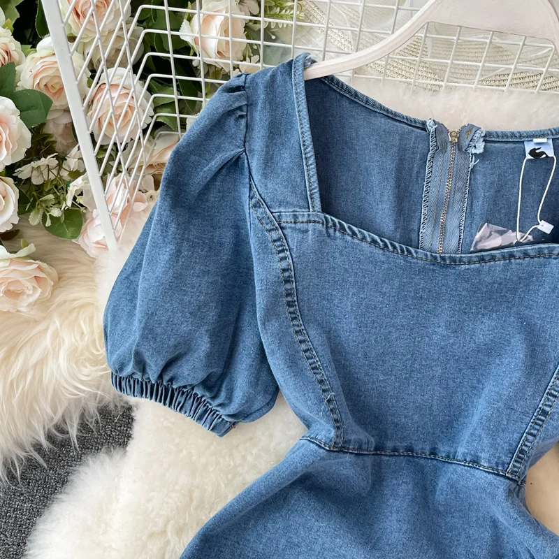 

Amolapha Women Summer Fashion Irregular Denim Clothing Square Collar Puff Sleeve Slim Waist Jeans Mini Dress