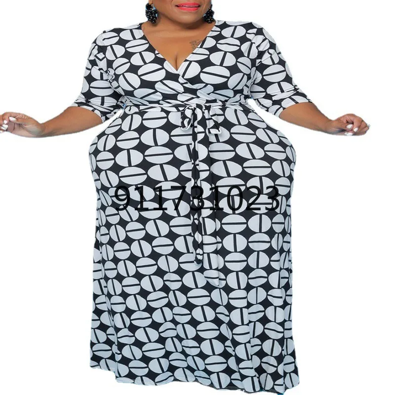 XL-5XL African Print Dresses 2021 Autumn Women Short Sleeve V-neck Printing Plus Size Long Dress Maxi | Тематическая одежда и