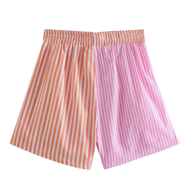 

Summer women's casual stitching striped high waist loose shorts
