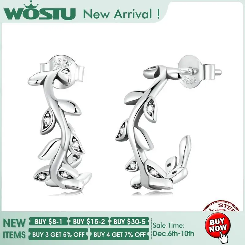 

WOSTU 925 Sterling Silver Simple Leaf Design Zircons Hook Earrings For Women s925 Stud Ear Fashion Jewelry Gift FNE583