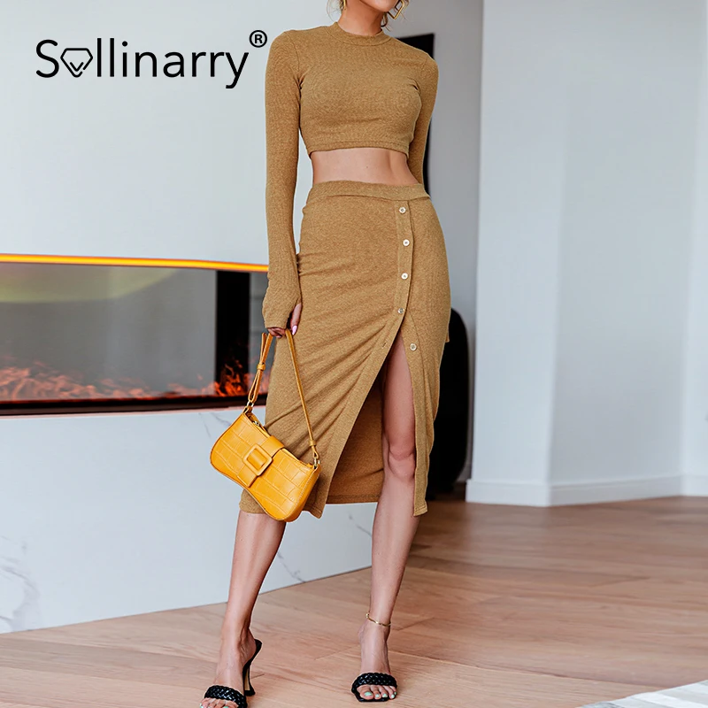 

Sollinary High split knitted dress suit women Solid slim cropped dress sets Long sleeve O-neck button sweater dress sets female
