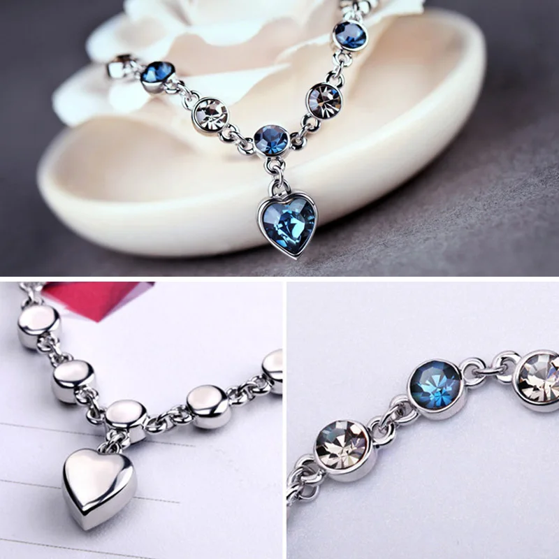 Женский браслет в форме сердца с голубыми кристаллами модный подарок для женщин