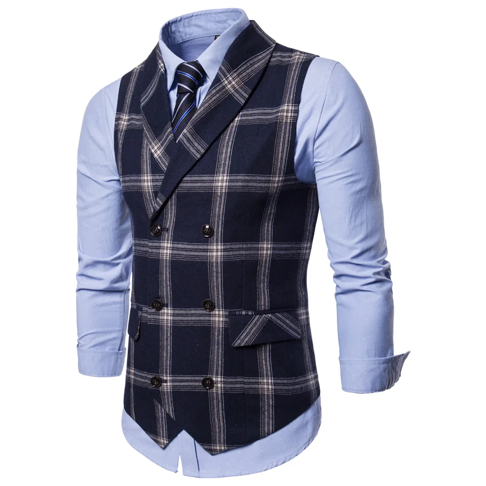 

Mens Suits Vests Autumn Spring Male Blazer Waistcoats Clothing Double Breasted Plaid V-collar Casual Slim Man Top Clothes Y61