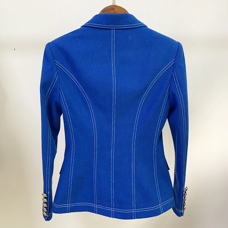 HIGH QUALITY New Fashion 2021 Designer Jacket Women's Top Stitching Contrast Lion Buttons Double Breasted Denim Blazer | Женская